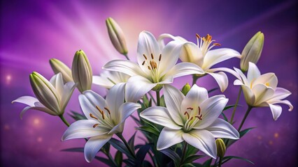Fototapeta premium Stunning Tilt-Shift Photography of White Lilies on Purple Background - Perfect for Periwinkle Aesthetic Postcards