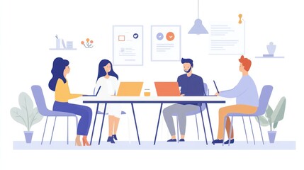 A group of professionals collaborating in a modern office setting with laptops.