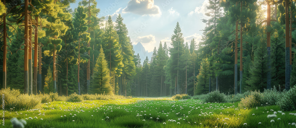 Poster a large coniferous forest, beautiful view of large green trees.
