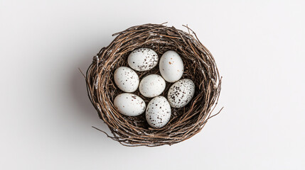 Obraz premium white spotted easter eggs nestled in a brown nest on a white background