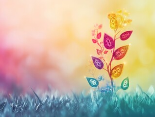 A colorful plant with luminous dollar signs instead of flowers, representing wealth, prosperity, and growth, set against a soft gradient backdrop