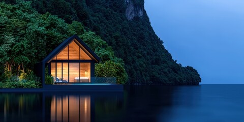 Modern Cabin on Lake at Sunset with Mountain View   Luxury Vacation Home Architecture