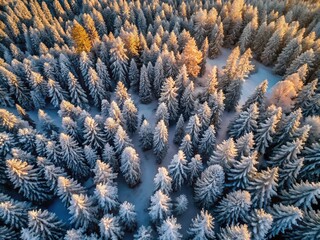 Stunning Vertical Drone View of a Snowy Nordic Forest in Low Light Photography