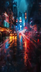 Fototapeta premium Mysterious night cityscape with wet asphalt, neon reflections, and a piercing searchlight