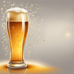 A tall glass of golden beer with a foamy head and bubbles rising, set against a light background. The perfect representation of a refreshing, cold beer ready to be enjoyed.