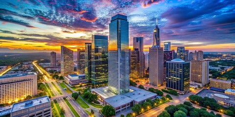 Stunning View of Williams Tower in Houston's Galleria Area Showcasing Modern Architecture and City Skyline at Dusk