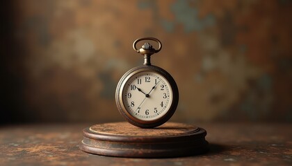 Mockup of a classic pocket watch neatly placed on a podium on an antique background.