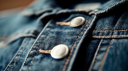  A close-up of three buttons on a blue denim jacket