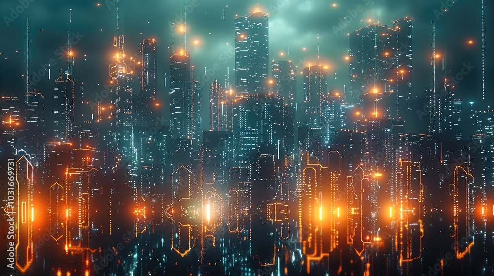 Aufkleber Futuristic cityscape with glowing holographic data connections and digital technology elements on a dark background. Night view of a modern metropolis.