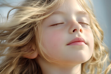 Naklejka premium Peaceful Young Girl Enjoying Sunlight with Closed Eyes