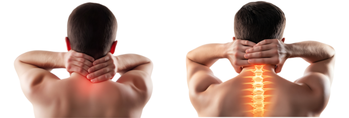 man with neck pain holding the back of his neck with glowing spine illustration on isolated background
