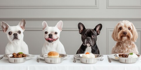 Charming group of dogs sitting at a table with plates of food in a sophisticated setting