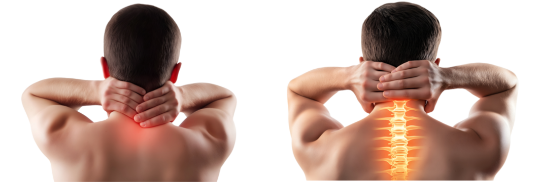 man with neck pain holding the back of his neck with glowing spine illustration on isolated background
 - Powered by Adobe