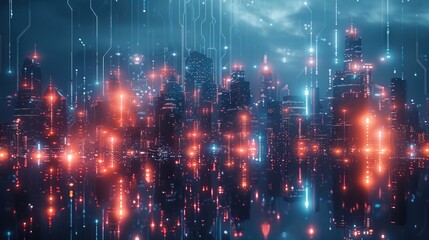 Futuristic cityscape with glowing holographic data connections and digital technology elements on a dark background. Night view of a modern metropolis.