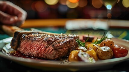Plate with tomahawk steak at poker table in casino.
