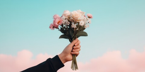 Hand holding a bouquet of flowers against a pastel sky background
