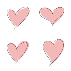 A set of hand-drawn hearts with an isolated outline on a white background, vector. Decorative element in pastel shades for love, Valentine, holiday, wedding. Flat heart shape design, doodle style