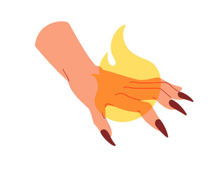 Fototapeta premium Witch hand with long nails, finger claws, controlling burning flame, taming fire. Black magic and mystical energy concept. Sorcery, witchcraft. Flat vector illustration isolated on white background