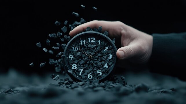 Hand holding a shattered clock with black debris exploding in dark environment