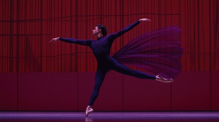 A male ballet dancer in a purple costume leaps with his arms outstretched in front of a red and black curtain.