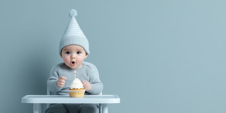 Adorable baby in party hat celebrating first birthday with cupcake and candle