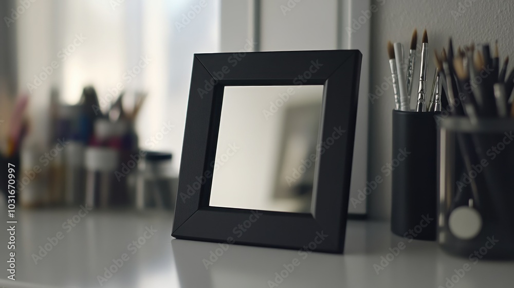 Poster Black Picture Frame with Empty Mirror on a Tabletop