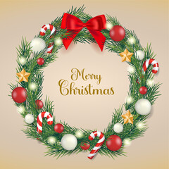 Christmas Wreath with Christmas Elements such as Christmas ornaments, pine leaves, candy cane, star. Vector illustration.