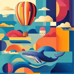 Naklejka premium Colorful illustration of balloon, whale, clouds