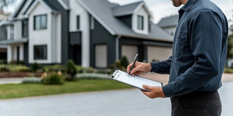 Real estate agent evaluating modern homes with clipboard outdoors