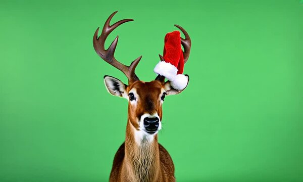 Portrait of Christmas deer wearing red Santa Claus hat on green screen background. Christmas banner, chroma key