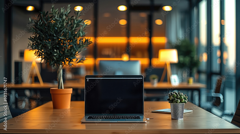 Poster a modern office with a laptop on it, and the laptop is the center of attention and open with a black