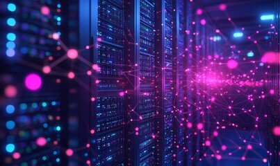 Obraz premium A network of servers and data centers connected via fiber optic cables, symbolizing the concept of cloud computing technology and data storage, Cloud computing infrastructure, Generative AI