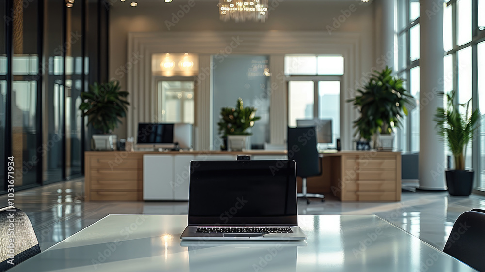 Poster a modern office with a laptop on it, and the laptop is the center of attention and open with a black