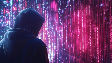 Virtual reality, cyberspace and metaverse concept with back view on human in hoody looking at virtual wall with abstract digital interface on neon lights background