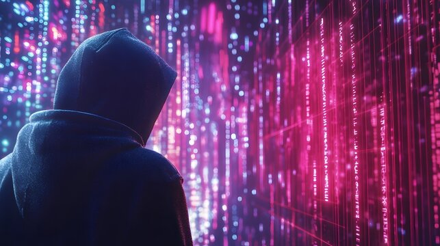Virtual reality, cyberspace and metaverse concept with back view on human in hoody looking at virtual wall with abstract digital interface on neon lights background