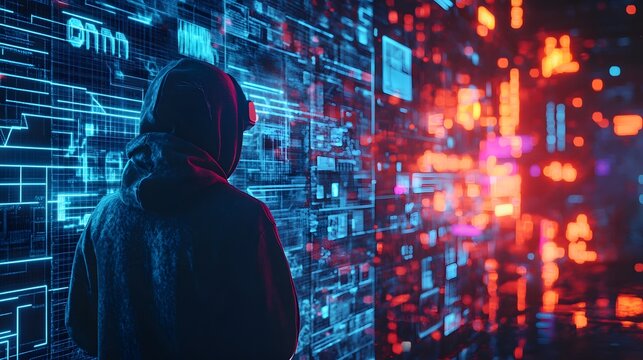 Virtual reality, cyberspace and metaverse concept with back view on human in hoody looking at virtual wall with abstract digital interface on neon lights background