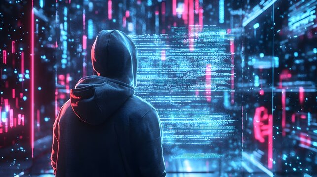Virtual reality, cyberspace and metaverse concept with back view on human in hoody looking at virtual wall with abstract digital interface on neon lights background