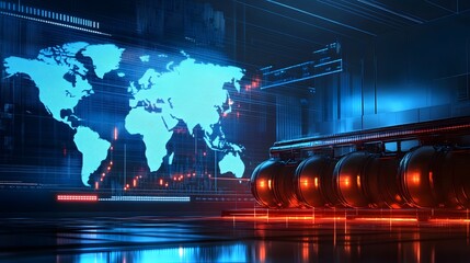 Oil pumping machinery in operation with barrels and digital screen with world map and financial chart graphs and indicators, natural resources stock market concept