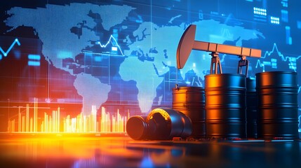 Oil pumping machinery in operation with barrels and digital screen with world map and financial chart graphs and indicators, natural resources stock market concept