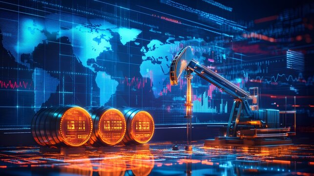 Oil pumping machinery in operation with barrels and digital screen with world map and financial chart graphs and indicators, natural resources stock market concept