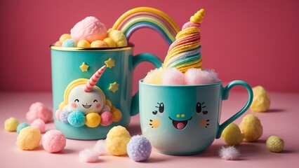 Colorful unicorn-themed cups with marshmallows and rainbow decorations on a pink background