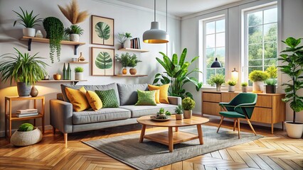 Fototapeta premium Stylish Scandinavian Living Room with Modern Decor and Natural Elements for Interior Design Inspiration
