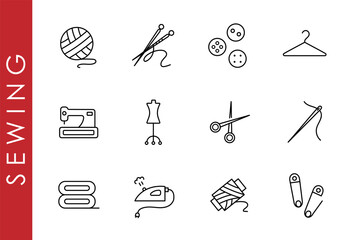 Set of tools for sewing and embroidery. Threads, sewing machines, scissors, pins. Craft and handmade sew needlework design elements. Vector illustrations of sewing tools, equipment and accessories