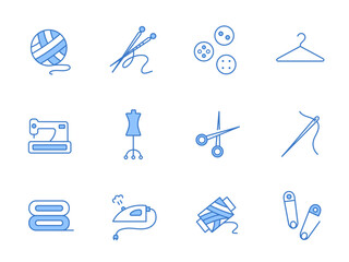 Sewing tools and tailor equipment set. Linear tailor's supplies, sewing equipment for handicrafts and textiles. Doodle handicraft workshop stickers. Outline icons collection. Vector illustration
