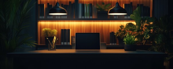 Modern Workspace with Warm Lighting and Minimalist Style Indoor Plants and Bookshelf