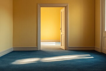 Empty room with open door and blue carpet. This photo is perfect for showcasing new furniture, home décor, or real estate listings.
