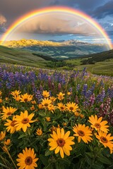 A vibrant rainbow arcing over a field of wildflowers after a summer rain. 