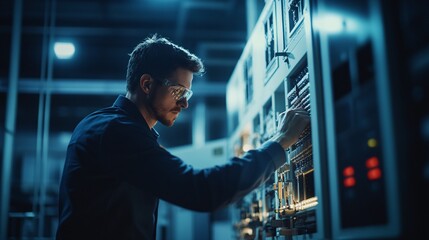 A focused technician works on a control panel in a dimly lit environment, adjusting equipment amidst a backdrop of machinery.