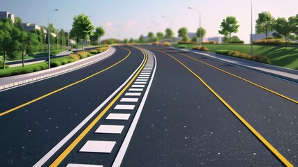 Fototapeta premium Curved Urban Road on a Sunny Day with Green Trees