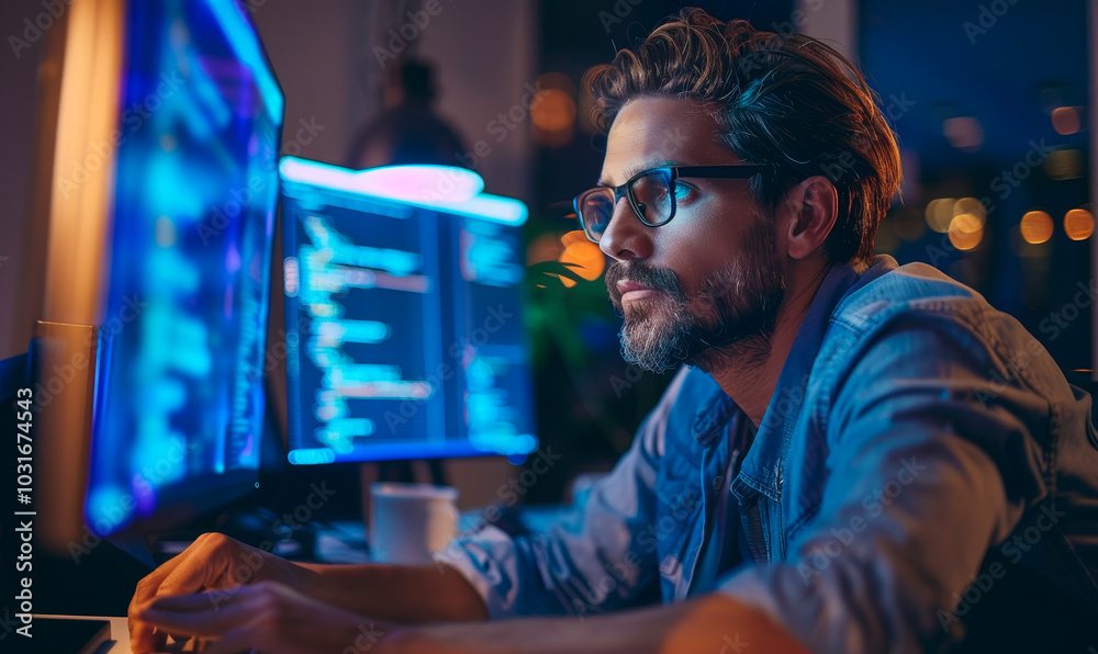 Poster focused developer writing code for ai tech support in dark workspace at night - profile view